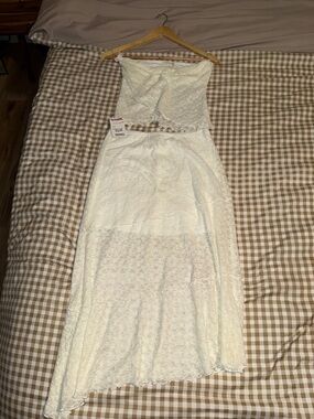 See You Monday White Strapless Lace Maxi Dress